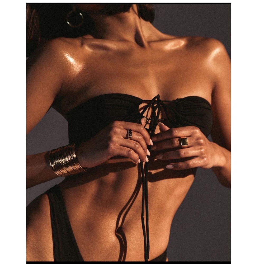 Naked wardrobe strapless black tie front bikini top high cut matching bottom set